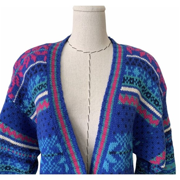 Vintage 80s Brass Plum Fair Isle Geometric New Wave Wool Sweater Cardigan - Picture 2 of 11